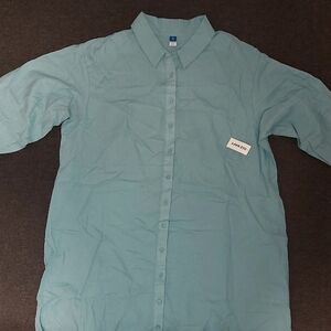 Old Navy Maxi Shirt Dress Long Sleeve Button Front Linen Rayon Blue XL